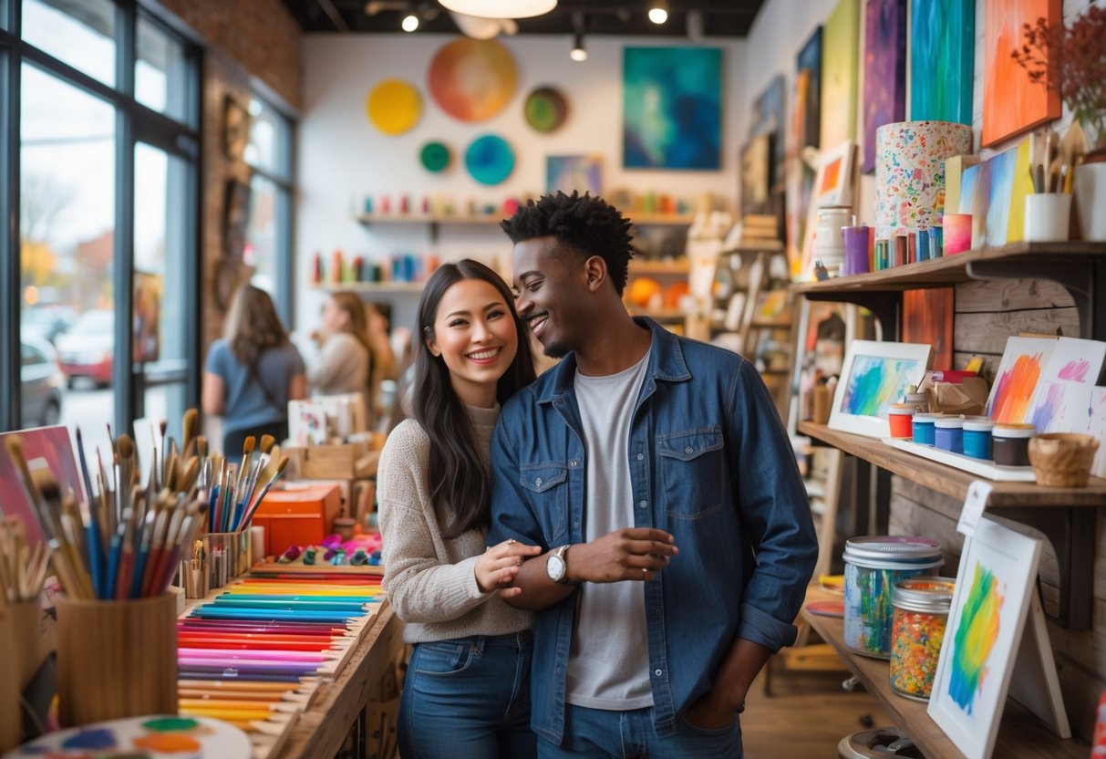 A young couple browsing colorful art supplies and crafts inside a bright and welcoming creative shop.