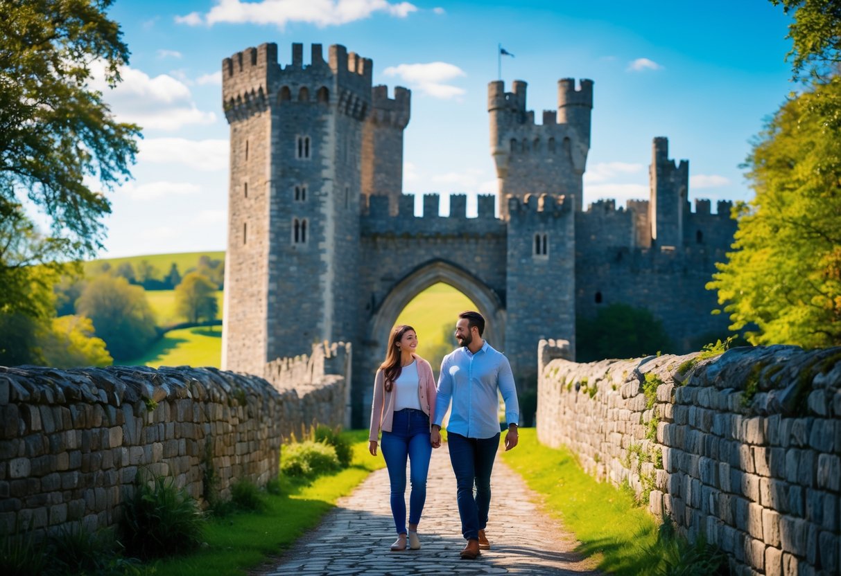A couple walking hand-in-hand near a historic stone castle surrounded by green countryside.