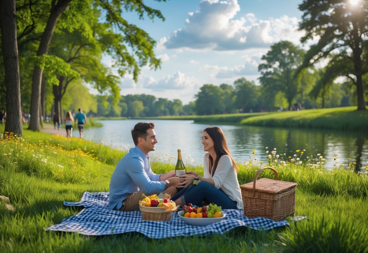 A couple enjoying a picnic on a blanket by a lake in a green park with trees and flowers.