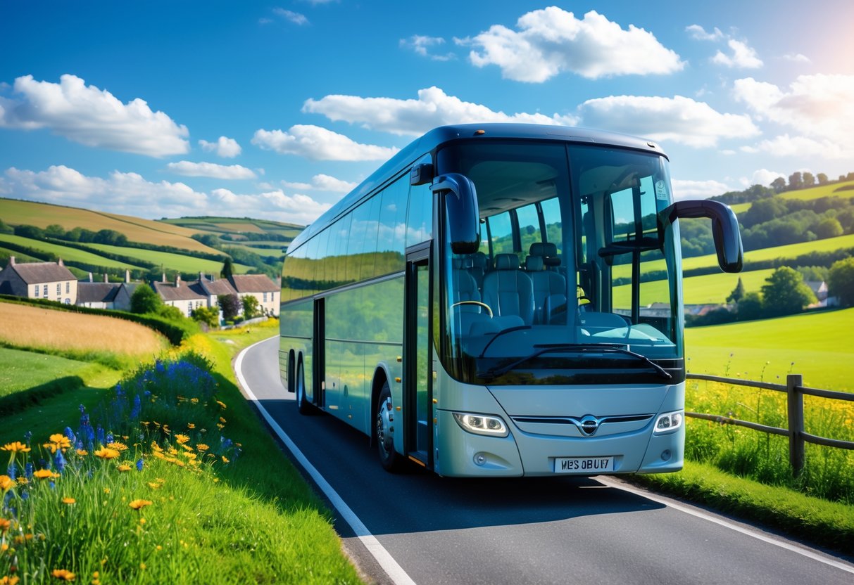 A modern tour bus driving through green fields and rolling hills in the North East countryside on a sunny day.