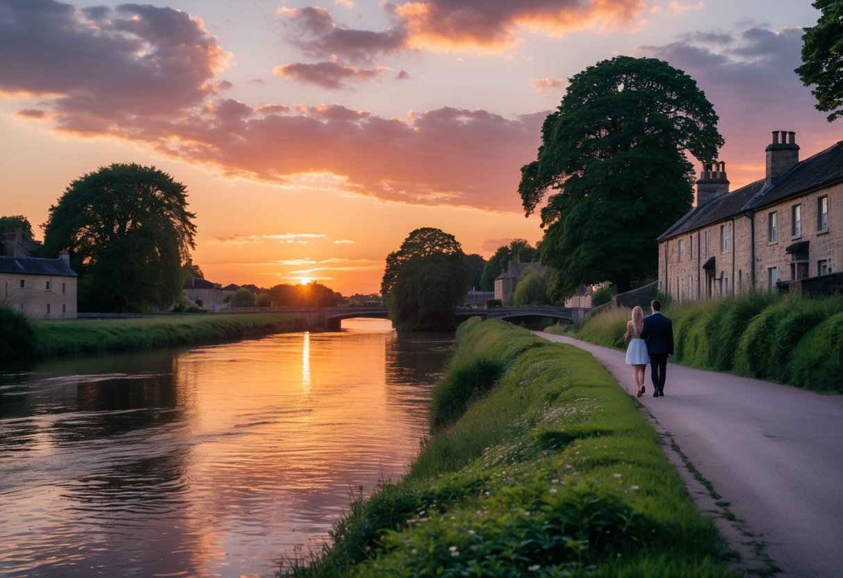 Sunset over the River Wear with a couple walking along a riverside path surrounded by trees and historic buildings.