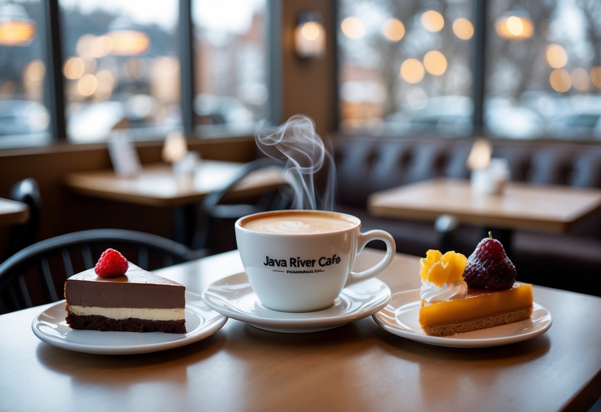 A table at a cafe with a cup of coffee and assorted desserts on a wooden surface.
