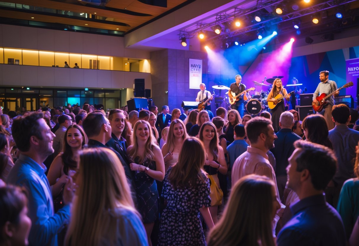 Couples and friends enjoying a live music concert at the Mayo Civic Center with musicians performing on stage and colorful lights illuminating the venue.