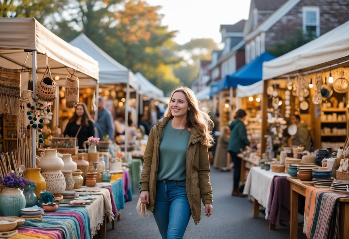 A young couple browsing colorful stalls at a busy local artisan market outdoors during the day.