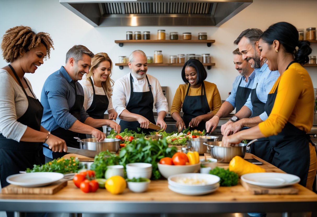 A group of adults cooking together in a bright kitchen studio, preparing food and enjoying a cooking class.