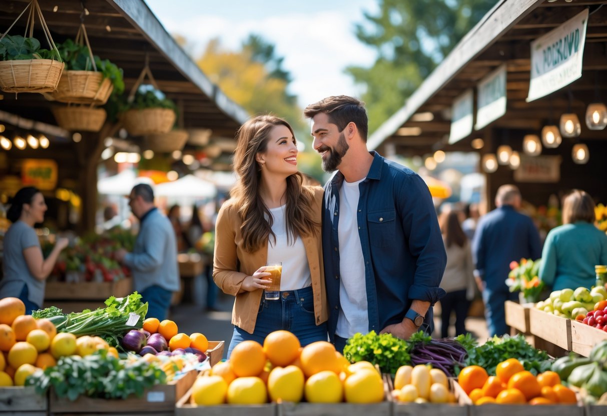 A couple enjoying a date together at an outdoor farmers market with colorful stalls and fresh produce around them.