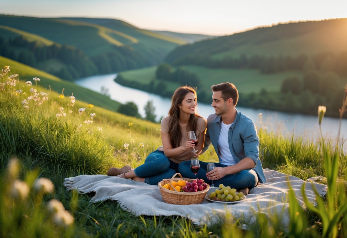 A couple sharing a picnic on a green hill overlooking a river and rolling hills during sunset.