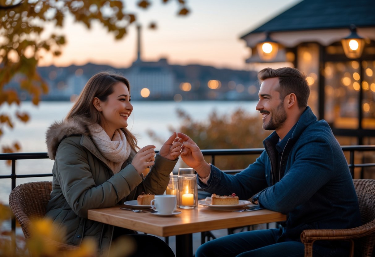 A couple enjoying a romantic outdoor date together in a scenic North East location during early evening.