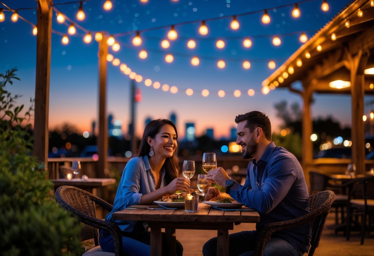 A couple enjoying a romantic dinner outdoors at a restaurant patio in Odessa, Texas, under string lights with the city skyline visible at twilight.