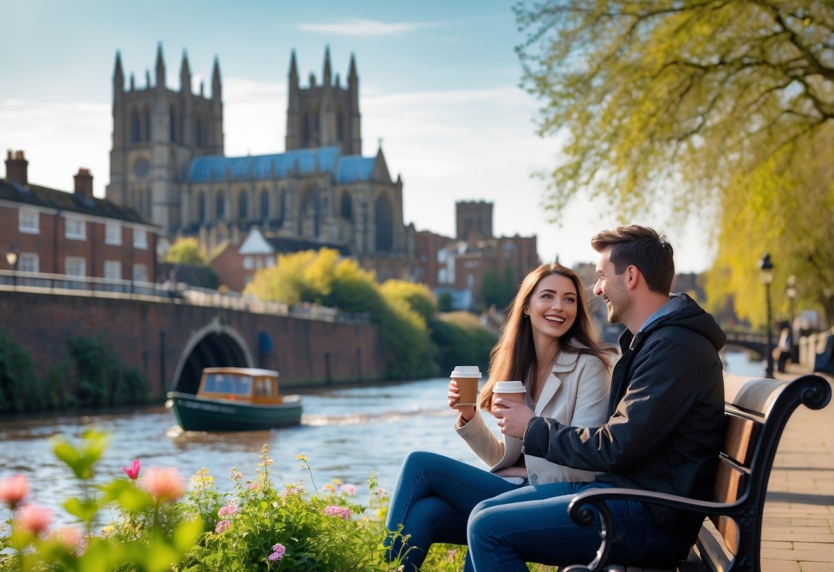 A young couple sitting by the river near Norwich Cathedral, smiling and enjoying coffee on a sunny day.