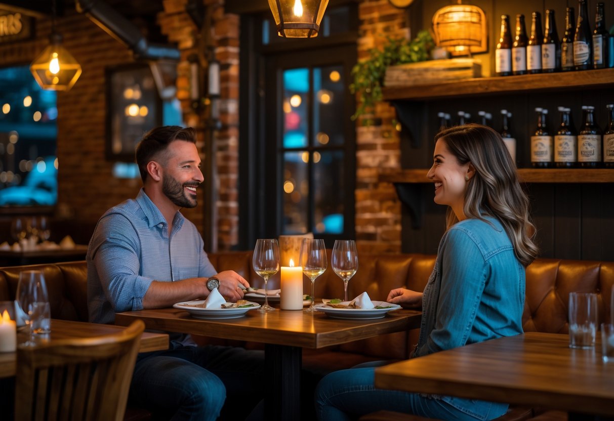 A couple enjoying a romantic dinner at a cozy tavern with wooden tables and warm lighting.