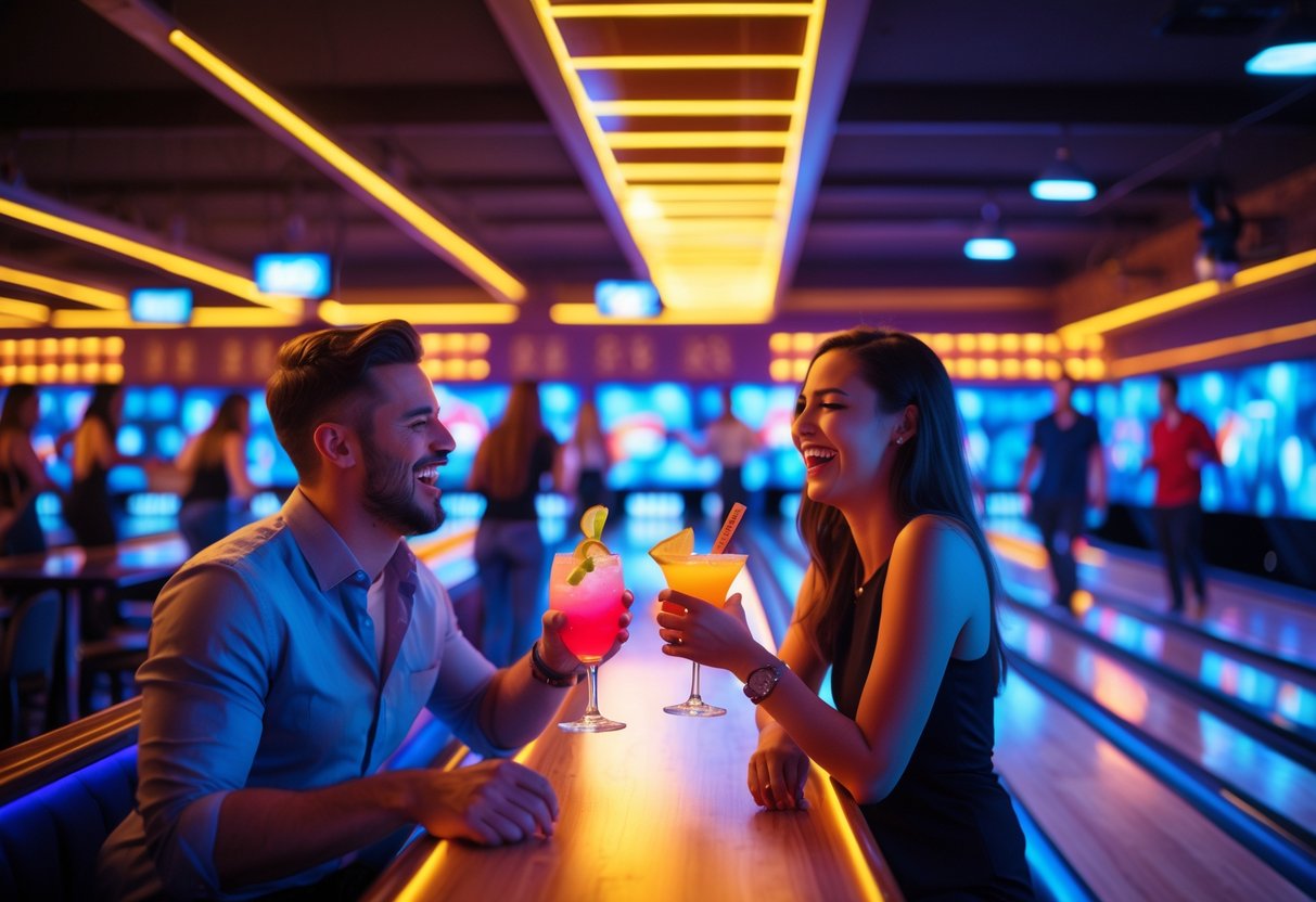 A couple enjoying cocktails at a bar with people bowling in the background at a busy bowling alley.