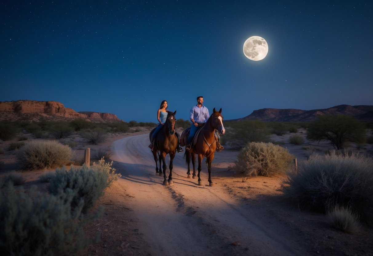A couple riding horses together on a trail at night under a bright full moon with desert plants and hills in the background.