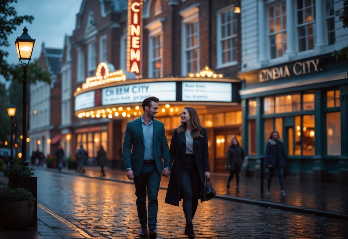 A young couple walking hand-in-hand outside the historic Cinema City building in Norwich during early evening.