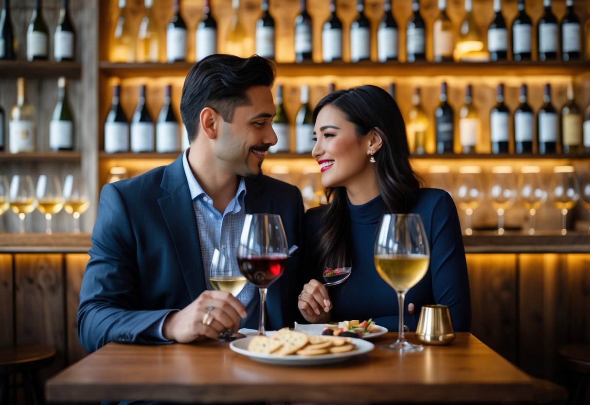 A couple enjoying wine tasting together at a wine bar with wine bottles on shelves in the background.