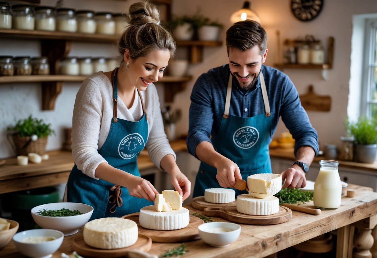 A couple making goat cheese together in a rustic kitchen setting with cheese-making tools and fresh ingredients on a wooden table.
