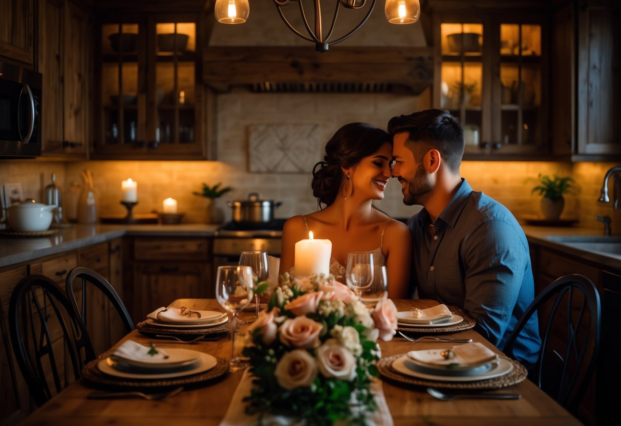 A couple enjoying a romantic dinner at a warmly lit kitchen table with candles and flowers.