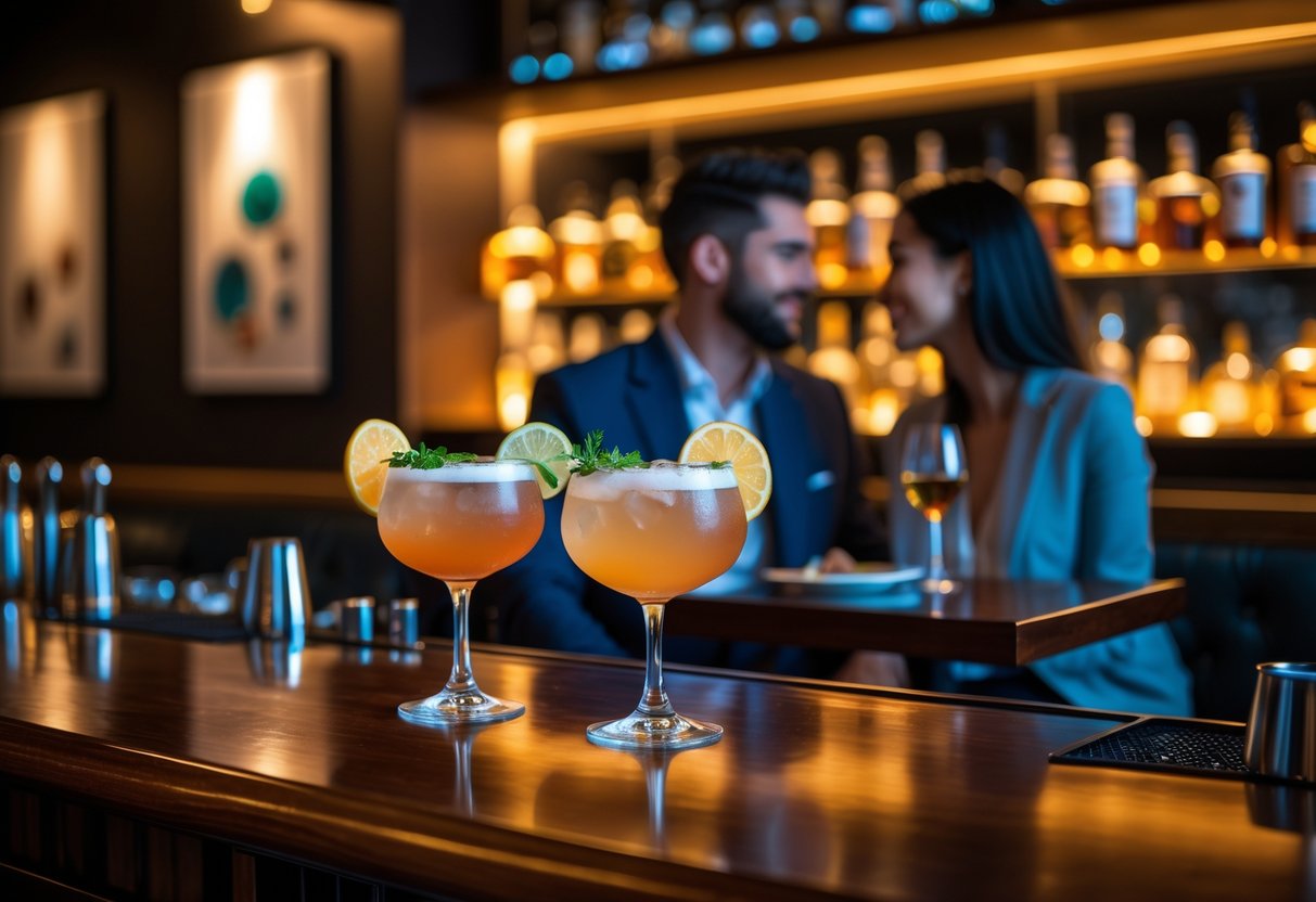 A couple enjoying cocktails at a stylish bar with warm lighting, sharing a romantic moment.