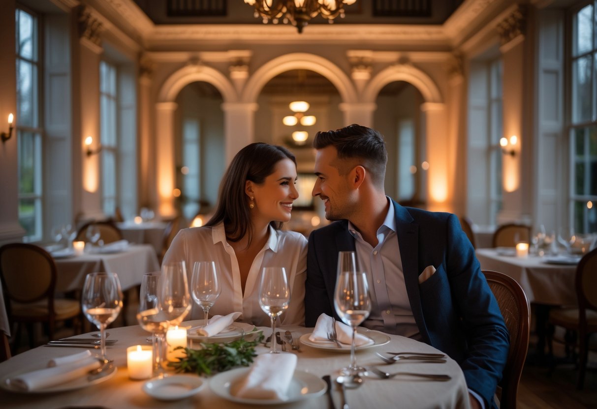 A couple enjoying a romantic dinner at a beautifully set table inside a historic building.