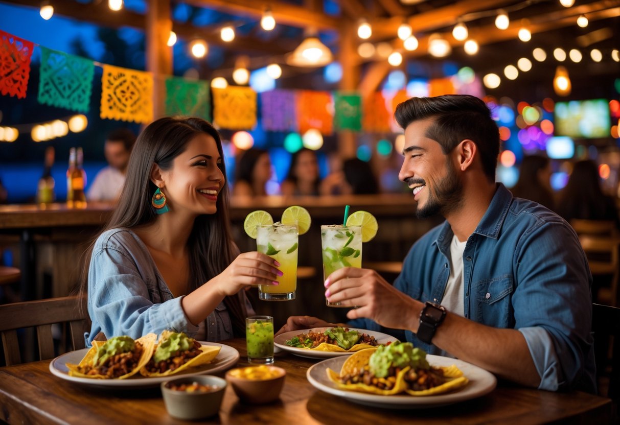 A couple enjoying drinks and Mexican food at a lively bar and grill with festive decorations.
