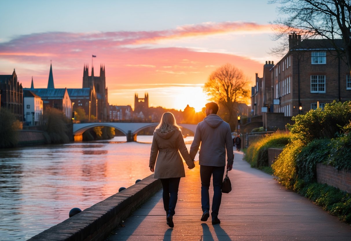 A couple walking hand-in-hand along a riverside path at sunset with historic buildings and a calm river in the background.