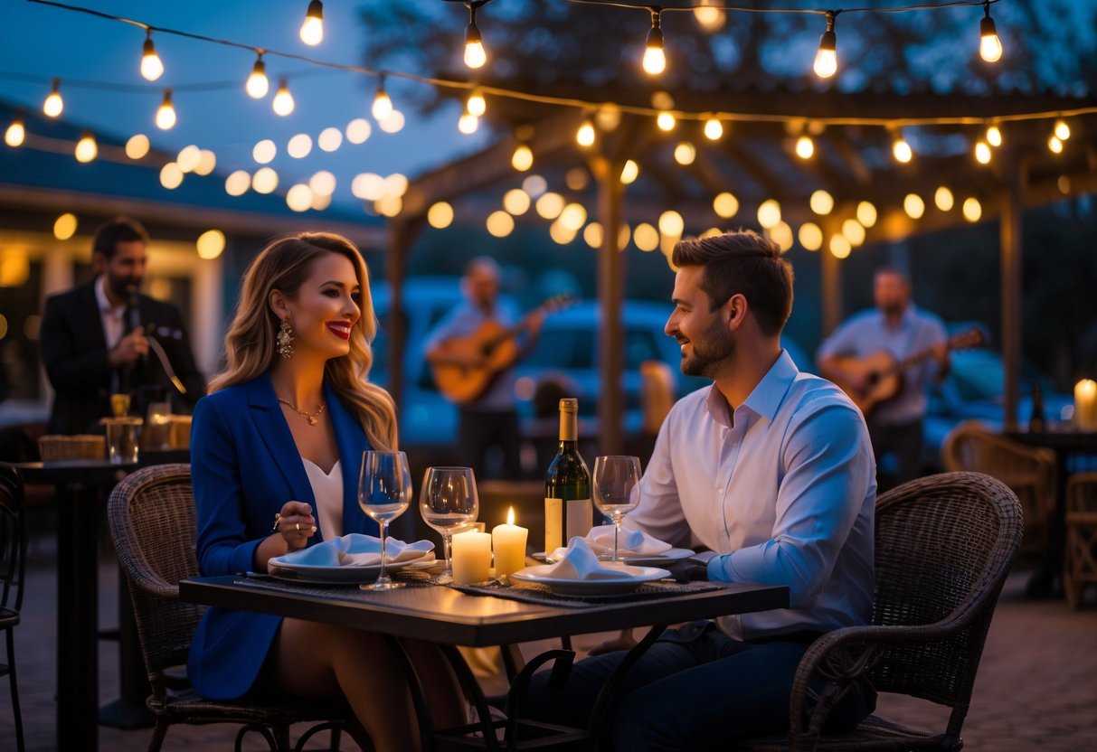 A couple enjoying dinner outdoors at a bistro with live musicians playing nearby.