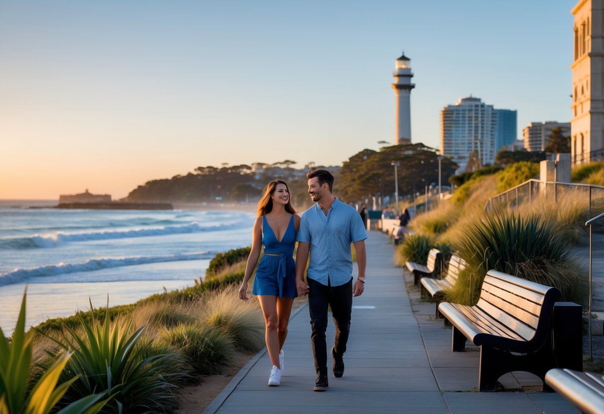 A young couple walking hand-in-hand along a coastal walkway near Newcastle Beach with a lighthouse in the background during sunset.