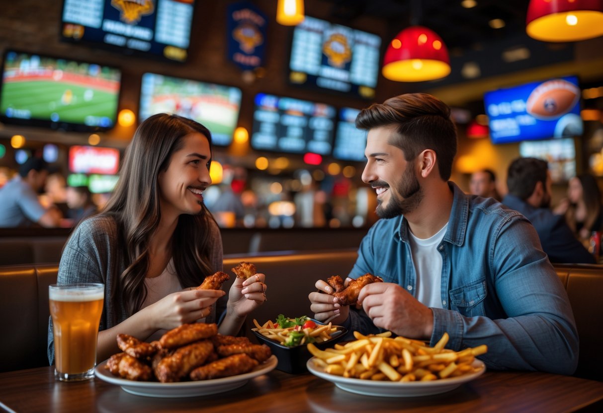 A young couple enjoying a casual dinner at a sports bar with chicken wings and fries on the table.
