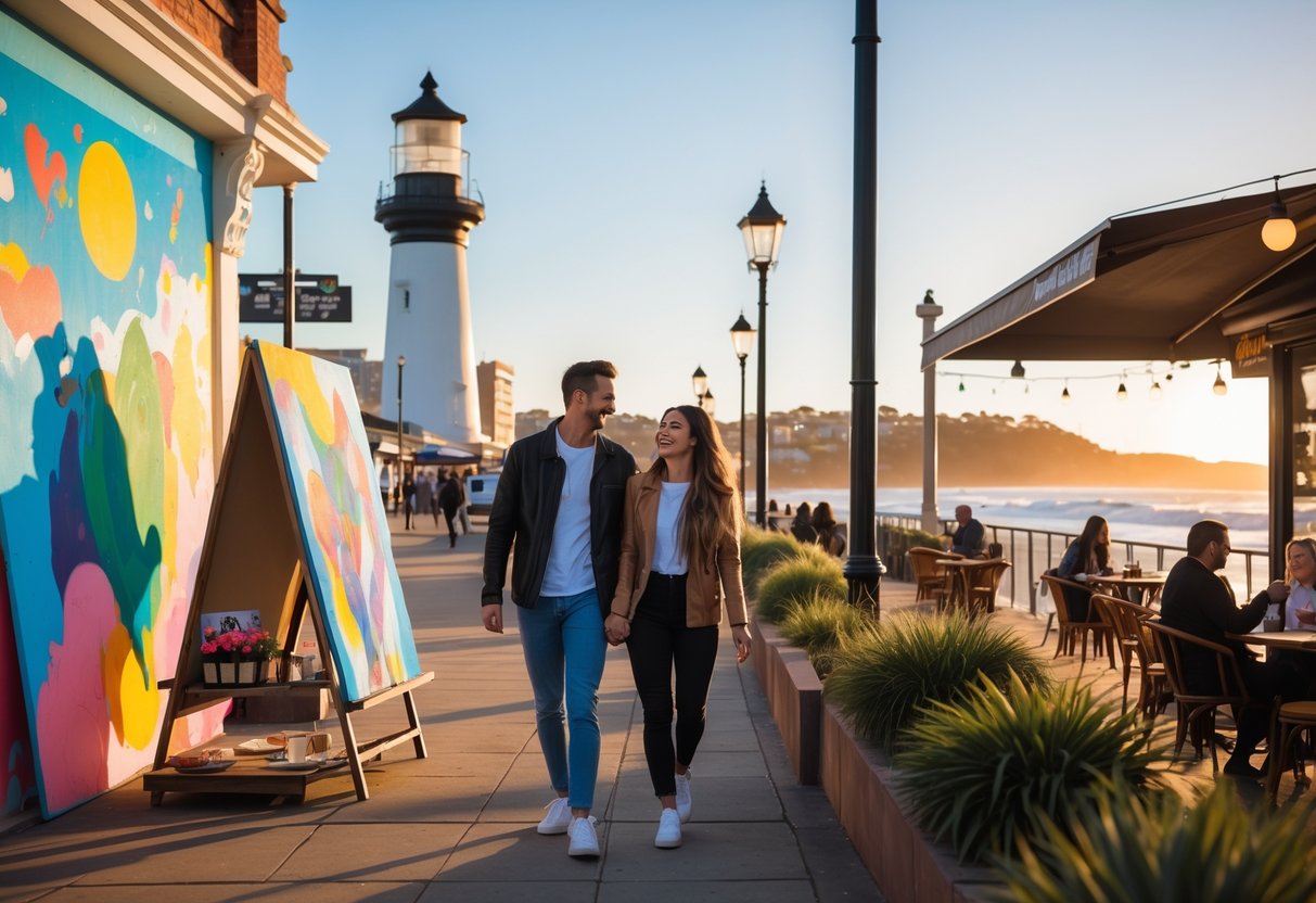 A couple walking hand-in-hand along Newcastle beach promenade near Nobbys Lighthouse with a street artist and outdoor café nearby during sunset.