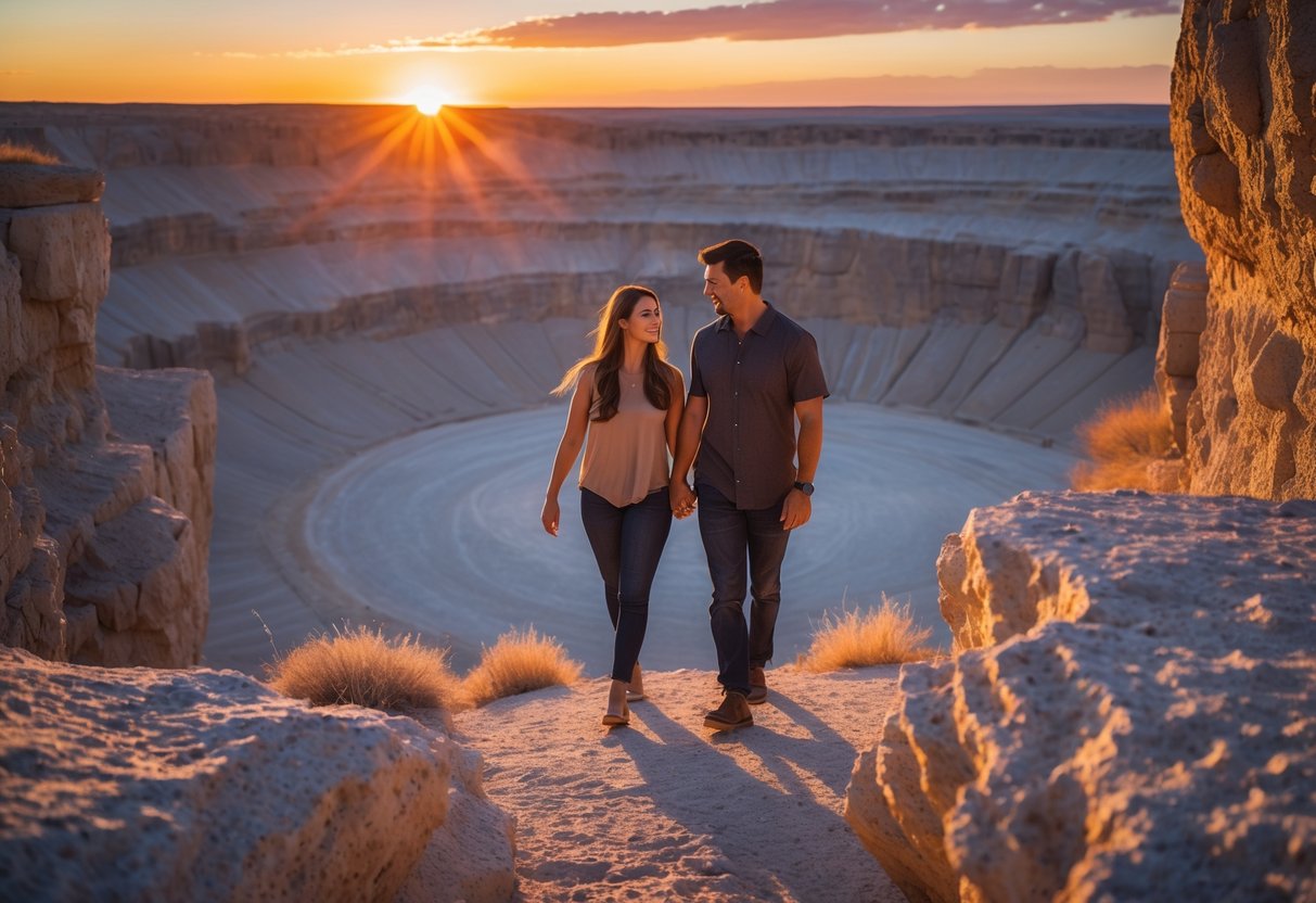A couple walking hand-in-hand along the edge of a rocky meteor crater at sunset with colorful sky in the background.