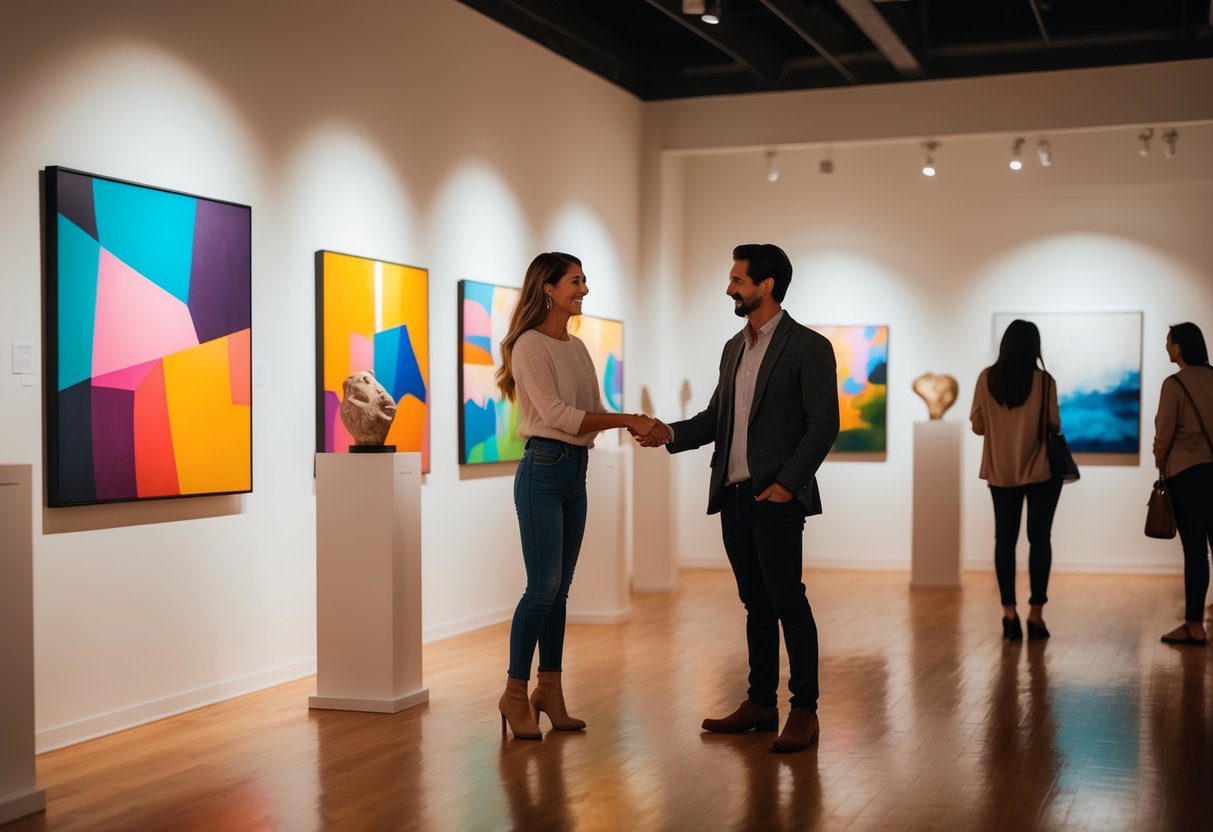 A couple enjoying a date night together in an art gallery, looking at colorful paintings on the walls.