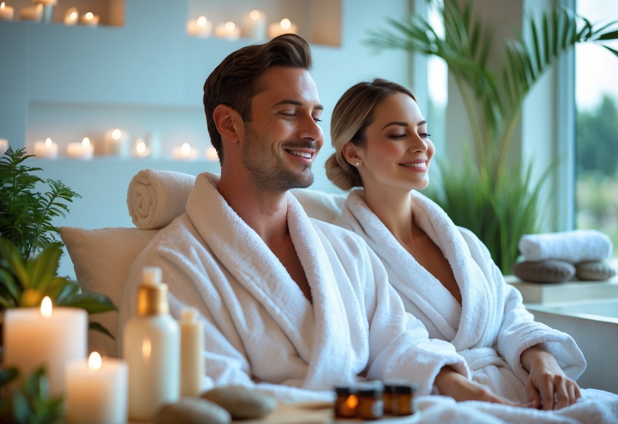 A couple relaxing together in a bright spa room surrounded by candles and plants.