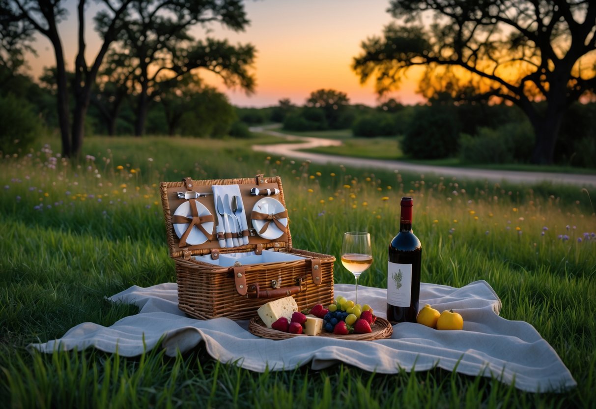 A picnic setup on a blanket with a basket, wine, and snacks on green grass near trees and a nature trail at sunset.