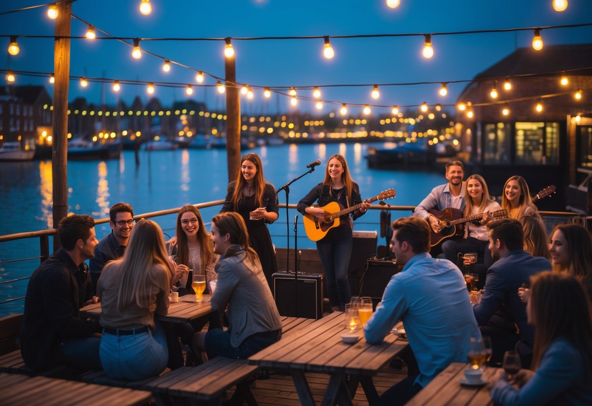 Couples and friends enjoying live music at a waterfront venue in Norwich during the evening.