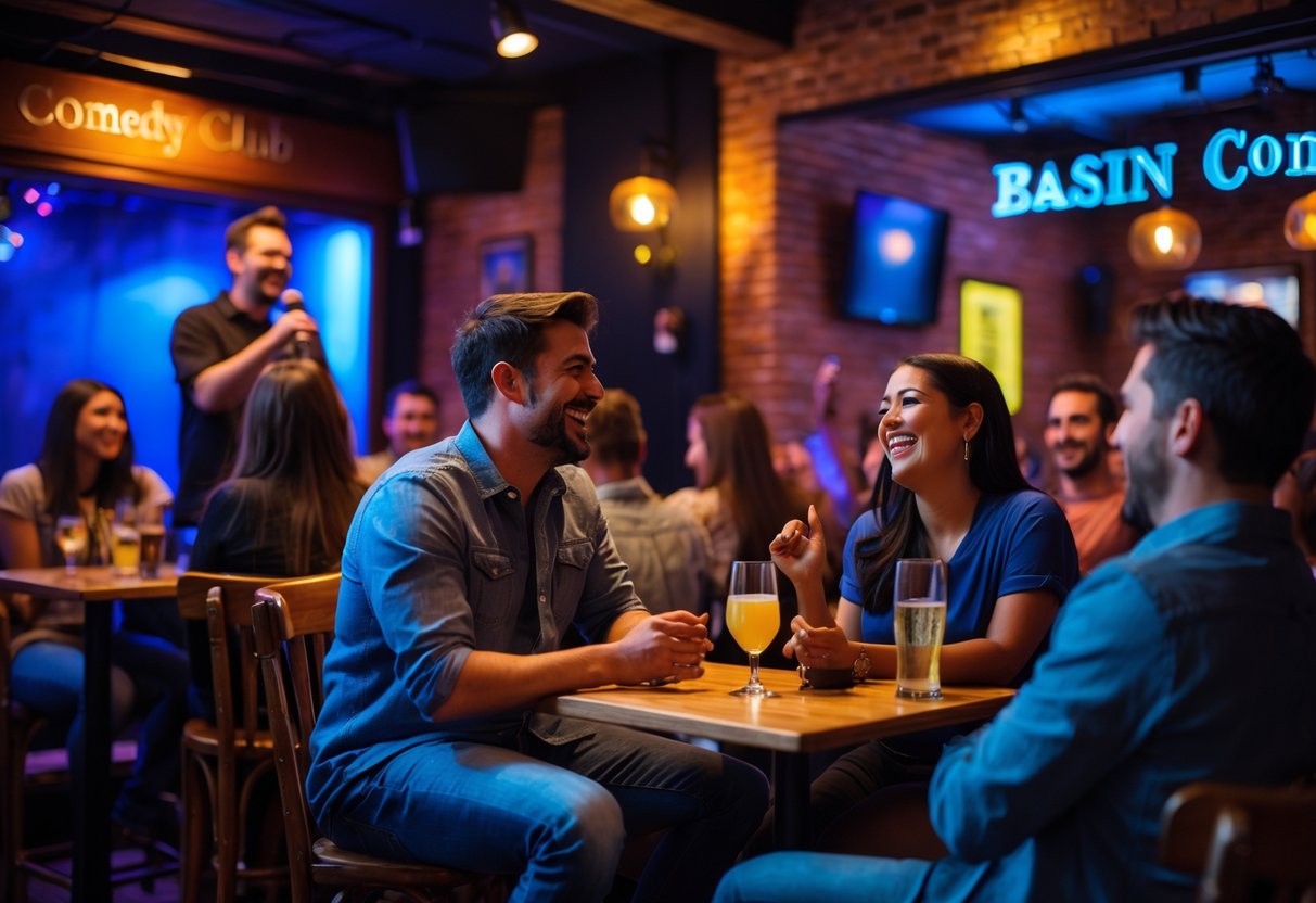 A couple enjoying a comedy show together at a cozy club with a comedian performing on stage and an engaged audience.