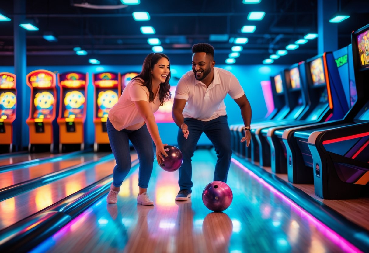 A couple enjoying bowling and arcade games together inside a lively entertainment center.