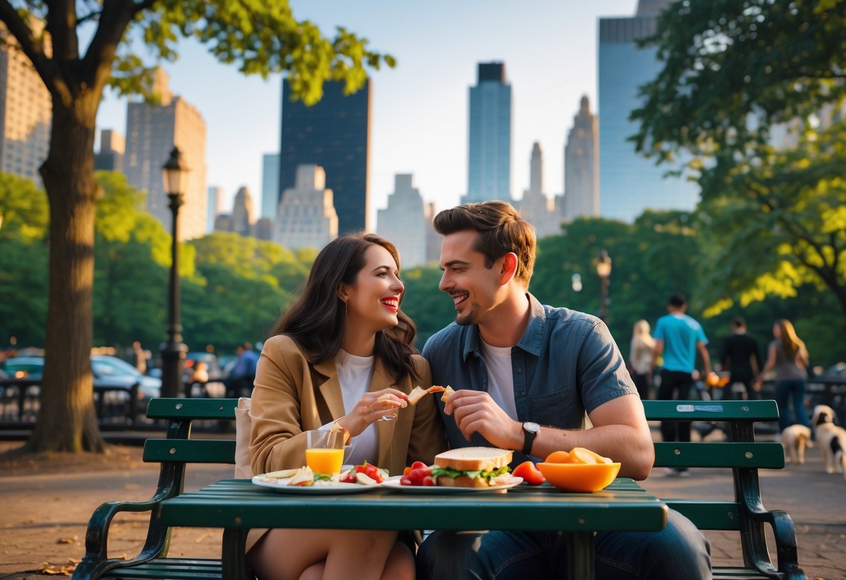 A young couple having a picnic on a park bench in Central Park with city skyscrapers in the background.
