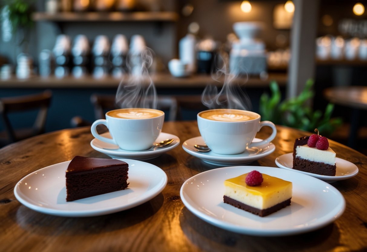 Two cups of coffee and plates of desserts on a wooden table in a cozy coffee bar setting.