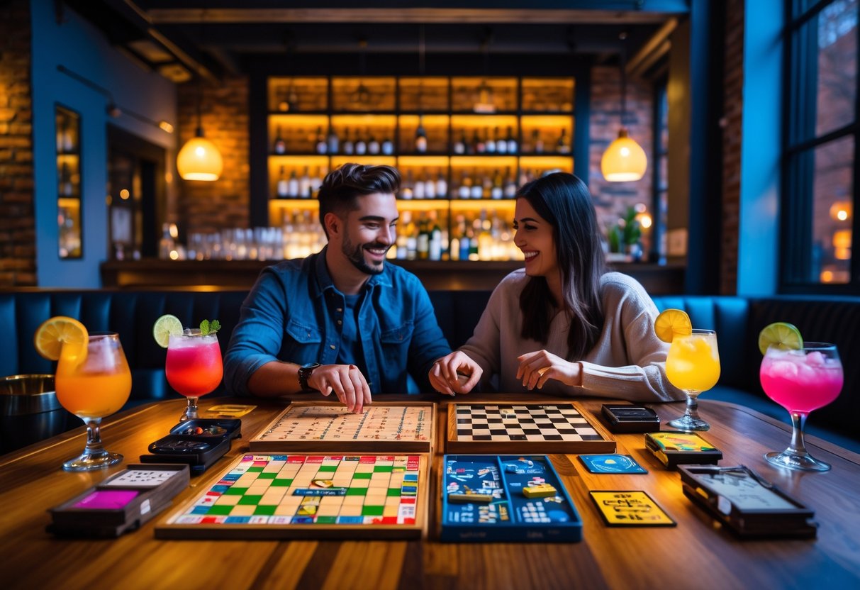 A couple playing board games and enjoying cocktails together at a table inside a cozy bar.