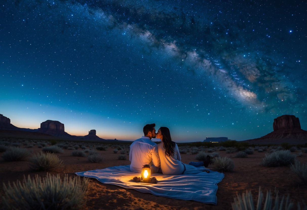 A couple sitting on a blanket in a West Texas desert at night, stargazing under a clear sky filled with stars.