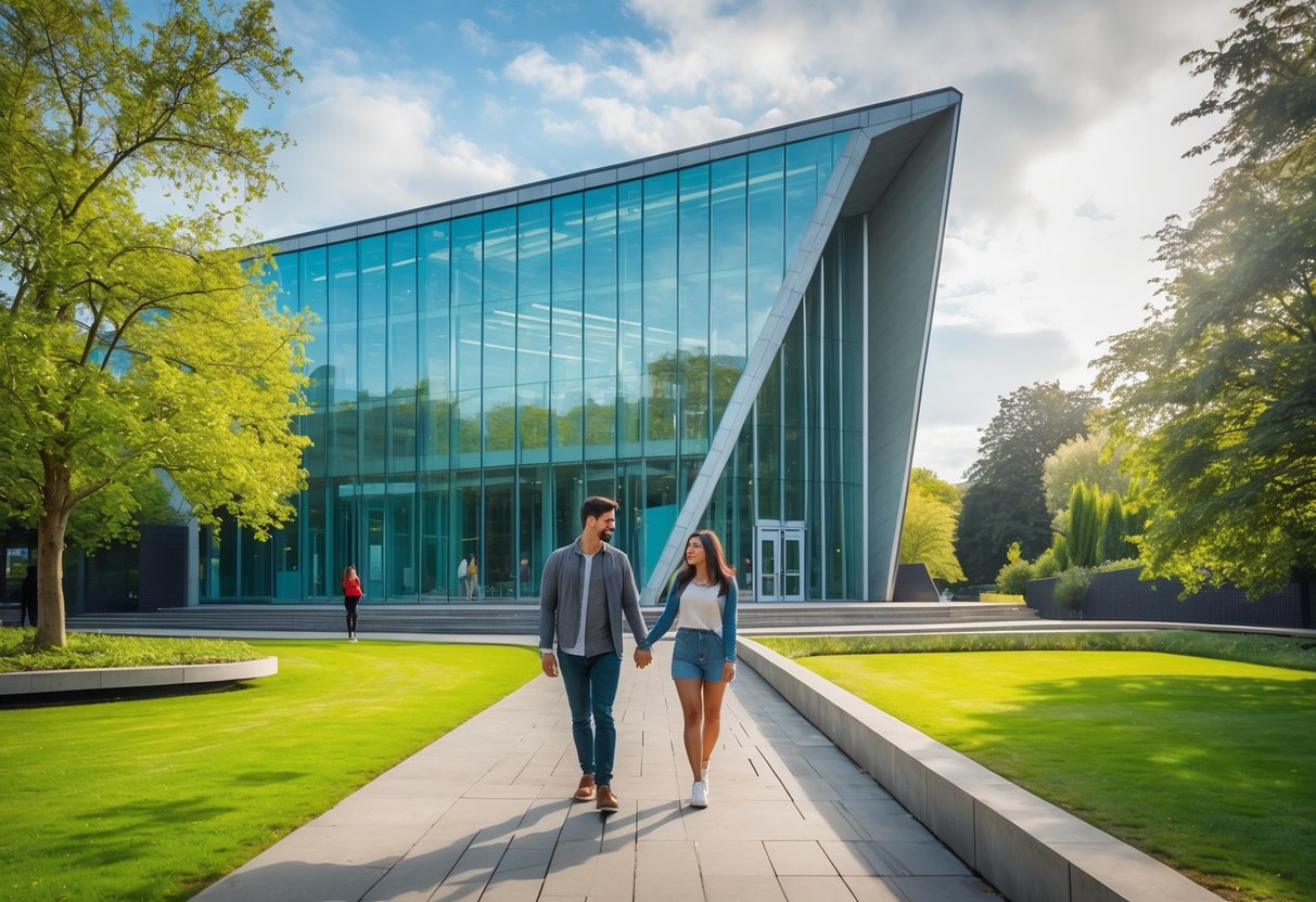 A young couple walking hand in hand outside the modern Sainsbury Centre for Visual Arts surrounded by green lawns and trees on a sunny day.