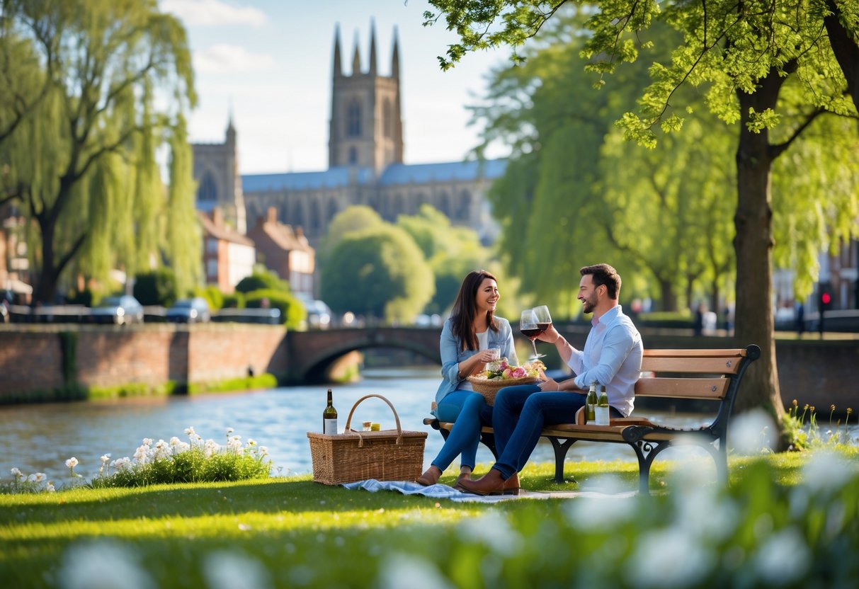 A couple enjoying a picnic on a bench by the river with Norwich Cathedral and historic buildings in the background.