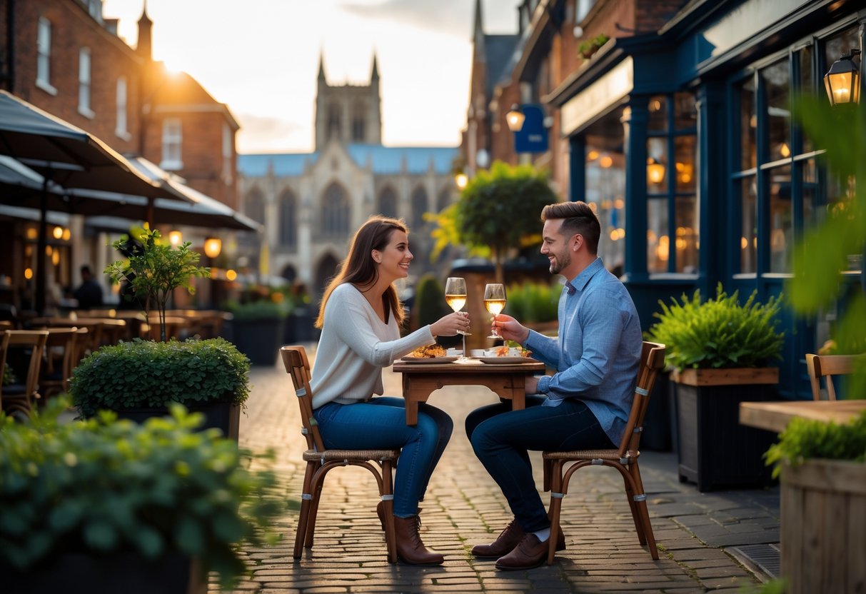 A young couple enjoying a romantic outdoor meal near Norwich Cathedral, seated at a small table surrounded by greenery.