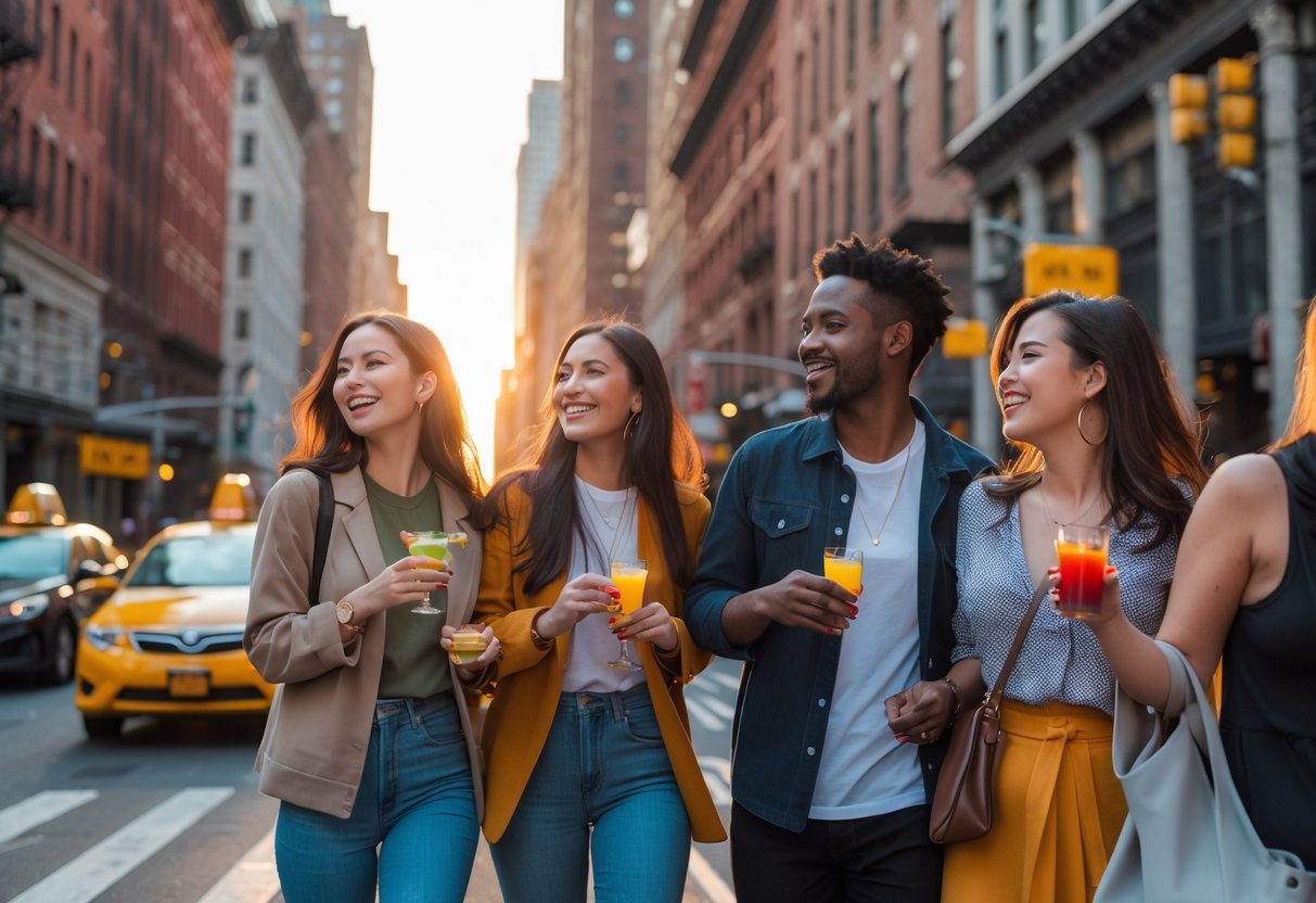 A group of young adults walking together on a busy New York City street, holding drinks and enjoying a social outing.