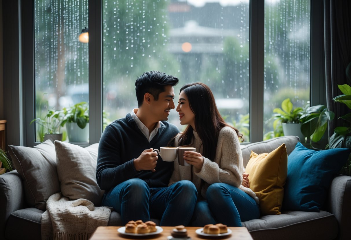 A couple sitting together on a sofa by a window with rain falling outside, sharing warm drinks and enjoying a cozy indoor moment.