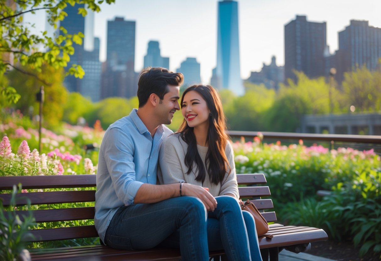 A young couple sitting on a bench surrounded by plants with New York City buildings in the background at the High Line Park.