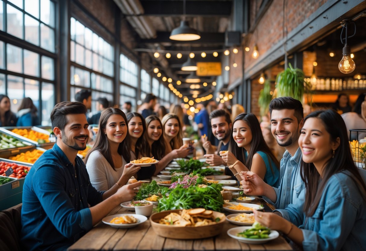 People enjoying affordable food together at Chelsea Market in New York City.
