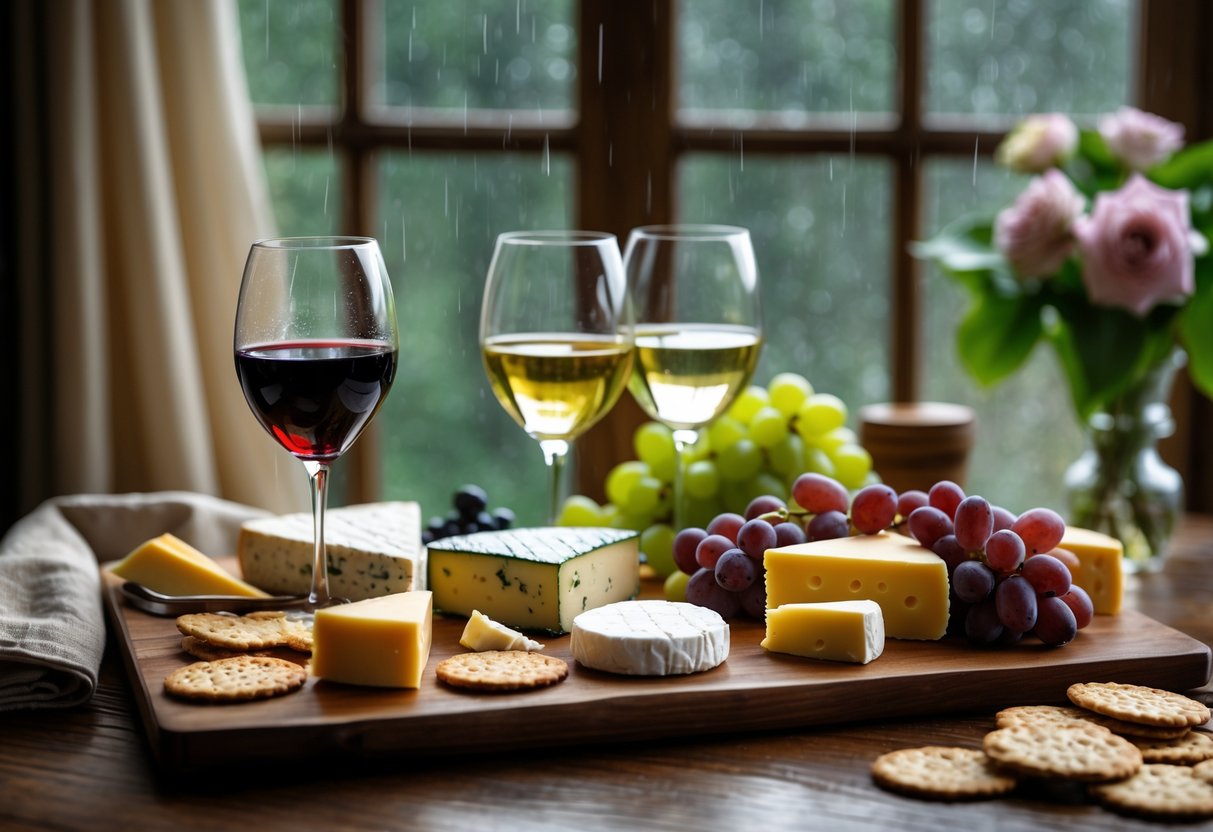 A table set with wine glasses, cheese, crackers, and grapes near a window with rain falling outside.