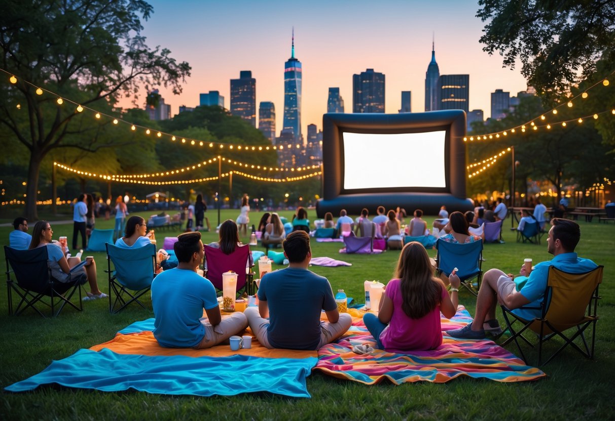 People sitting on blankets and chairs in a city park watching a large outdoor movie screen at sunset.