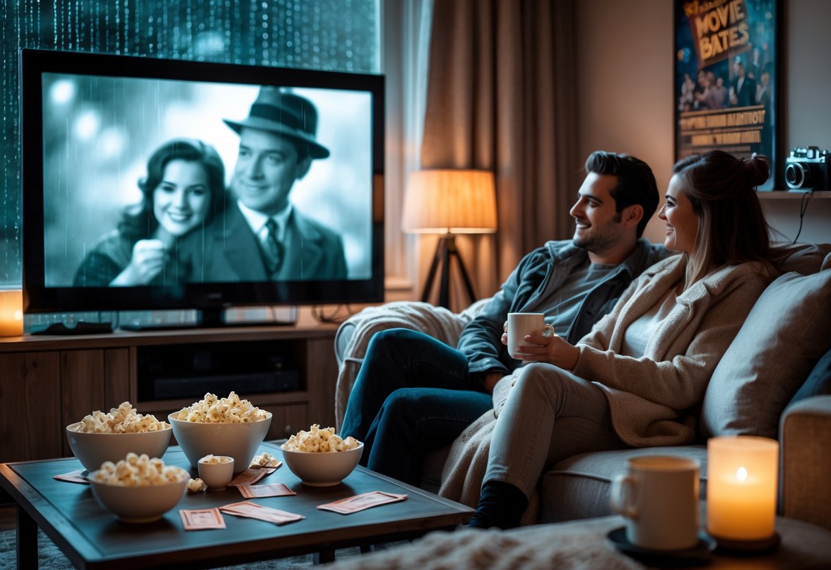 A couple sitting on a sofa watching a classic movie on TV with rain visible outside the window.